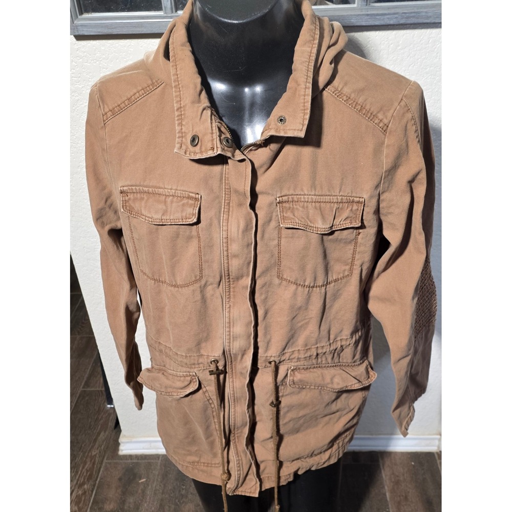 A New Day Womens XL Tan Brown Cotton Utility Field Jacket Hooded Drawstring Coat